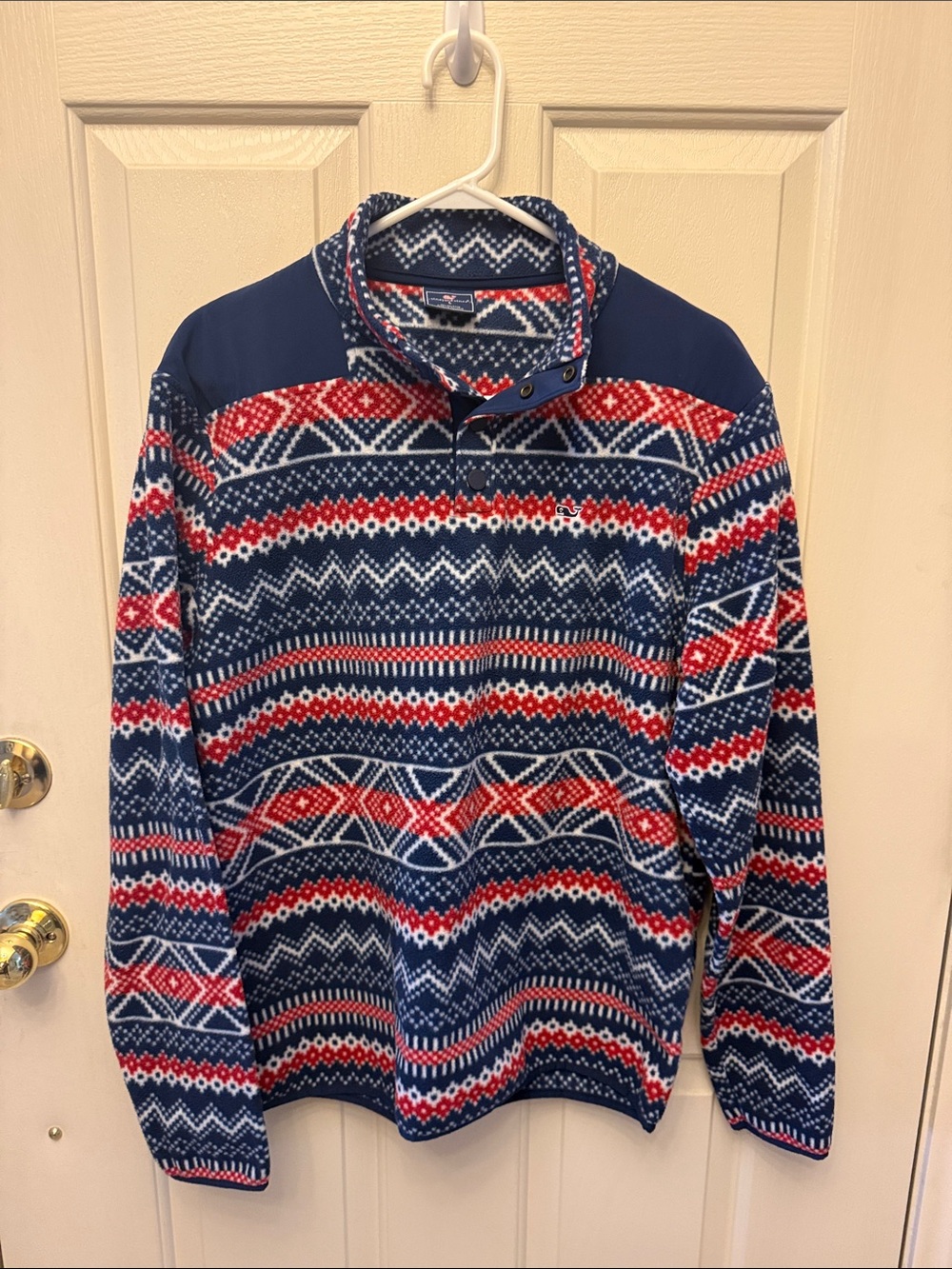 Vinyard Vines Navy Red White Fair Isle Zip Mock Neck Sweater